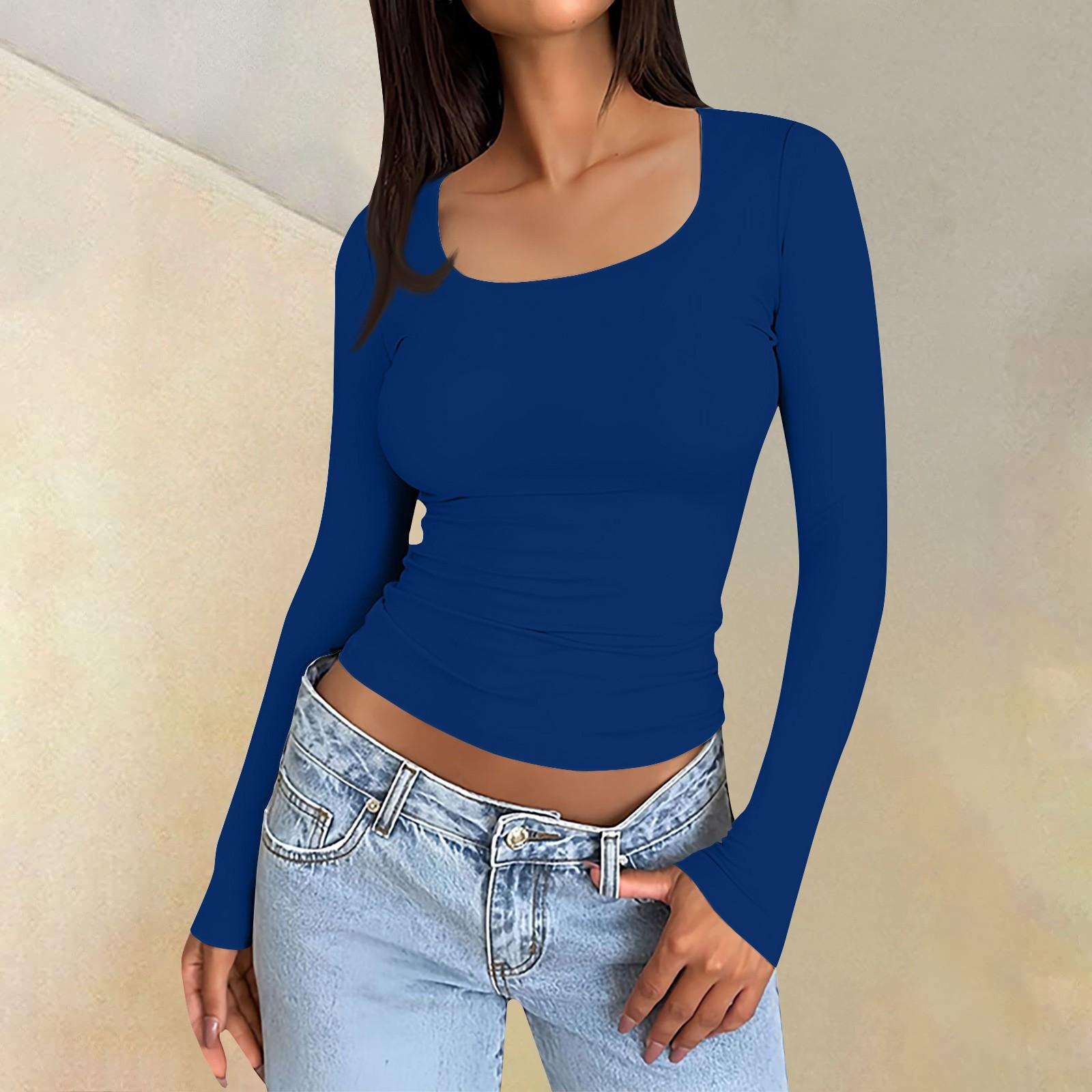 Women s Casual Fashion Square Neck Color Long Sleeve T-shirt Top Pullover M