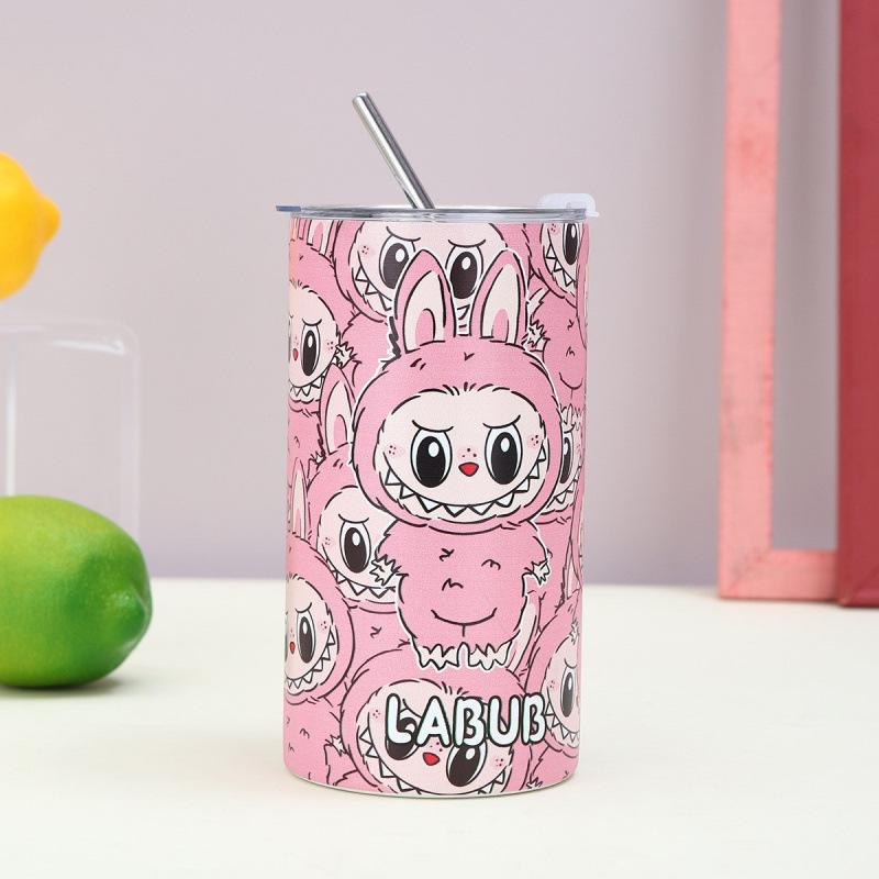 Cartoon Straw Cup Thermos Cup High Value Portable Coffee Cup Ice American Large Capacity Straight Cup
