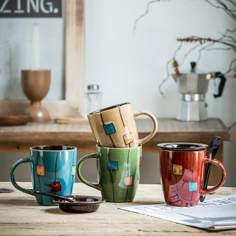 Retro Kiln Coffee Cup With Lid Spoon Personalized Ceramic Cup Office Water Cup Household Gift Drum Cup