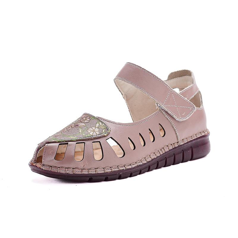 Summer new leather hollow sandals women's flower embroidery flat bottom soft sole mother shoes Velcro shallow mouth
