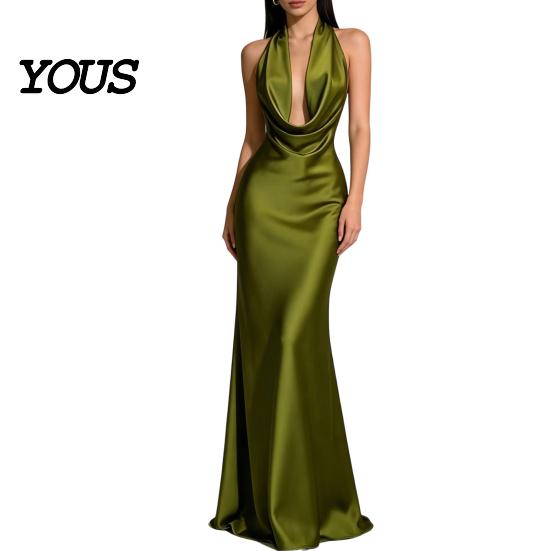Party Dress Casual Women Sexy Backless Maxi Dress, Deep V Neck Sleeveless Versatile Halter Satin Long Formal Evening Mermaid Gown