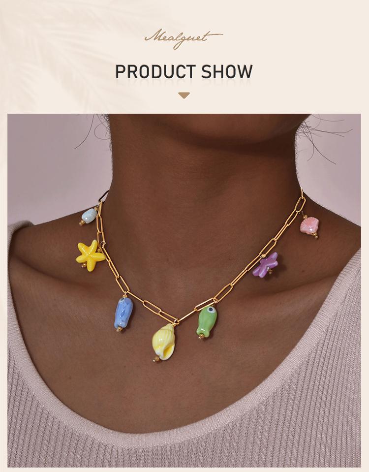Ceramic Starfish Fish Conch Dolphin Drop Y2K Necklace, Women's Stainless Steel Chain Adjustable, Notarnish Resistant Jewelry
