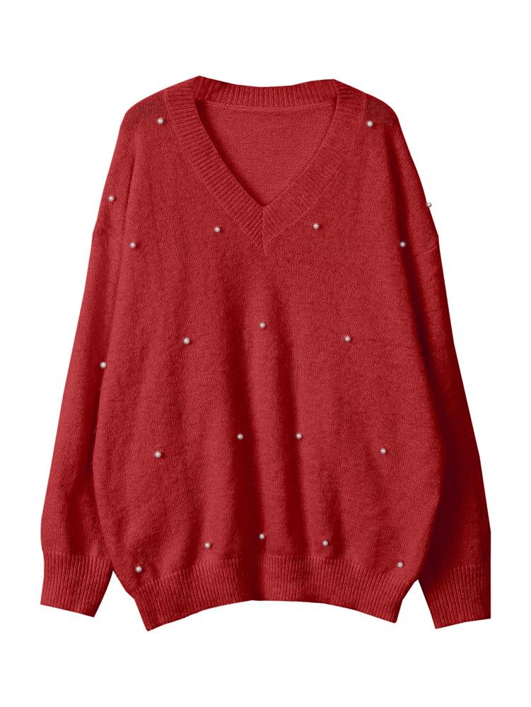 2025 A/W V-Neck Beaded Solid Color Sweater for Women