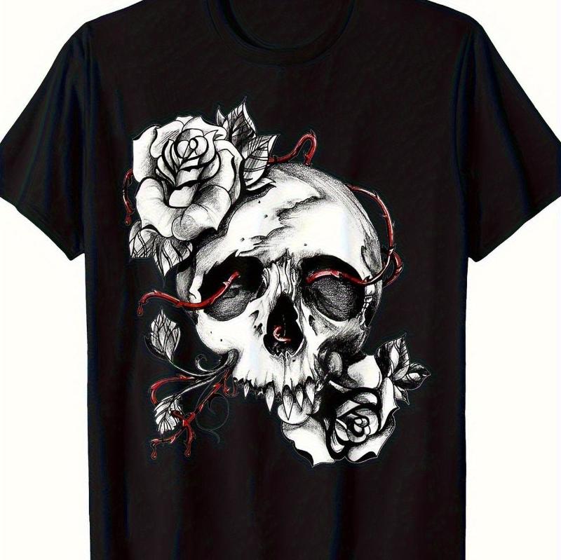 Summer Men's Gothic Pattern T-shirt - Black and White Skull Rose Printed Round-neck Casual Round-neck Short-sleeved Top
