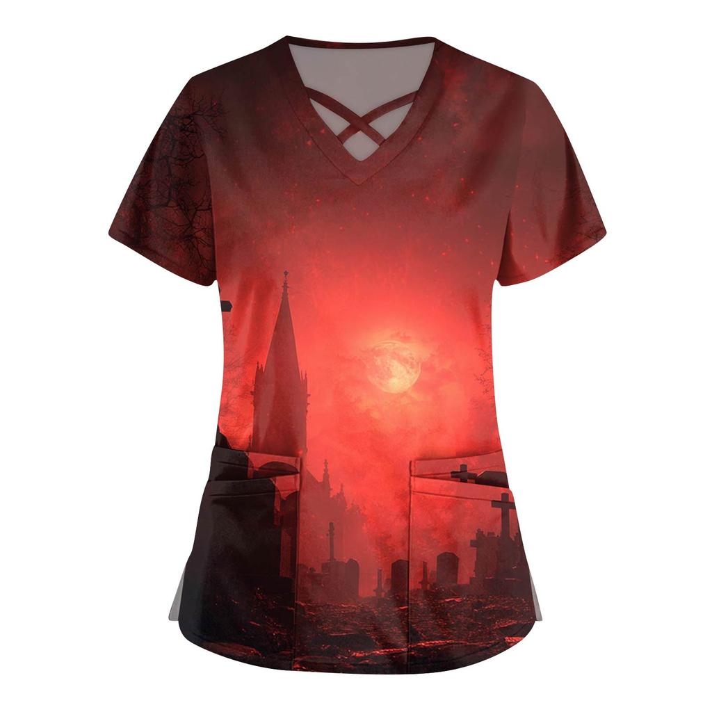 Women's Fashion  V-Neck Short Sleeve Overalls Double Pocket Halloween Printed Tops  Apparel