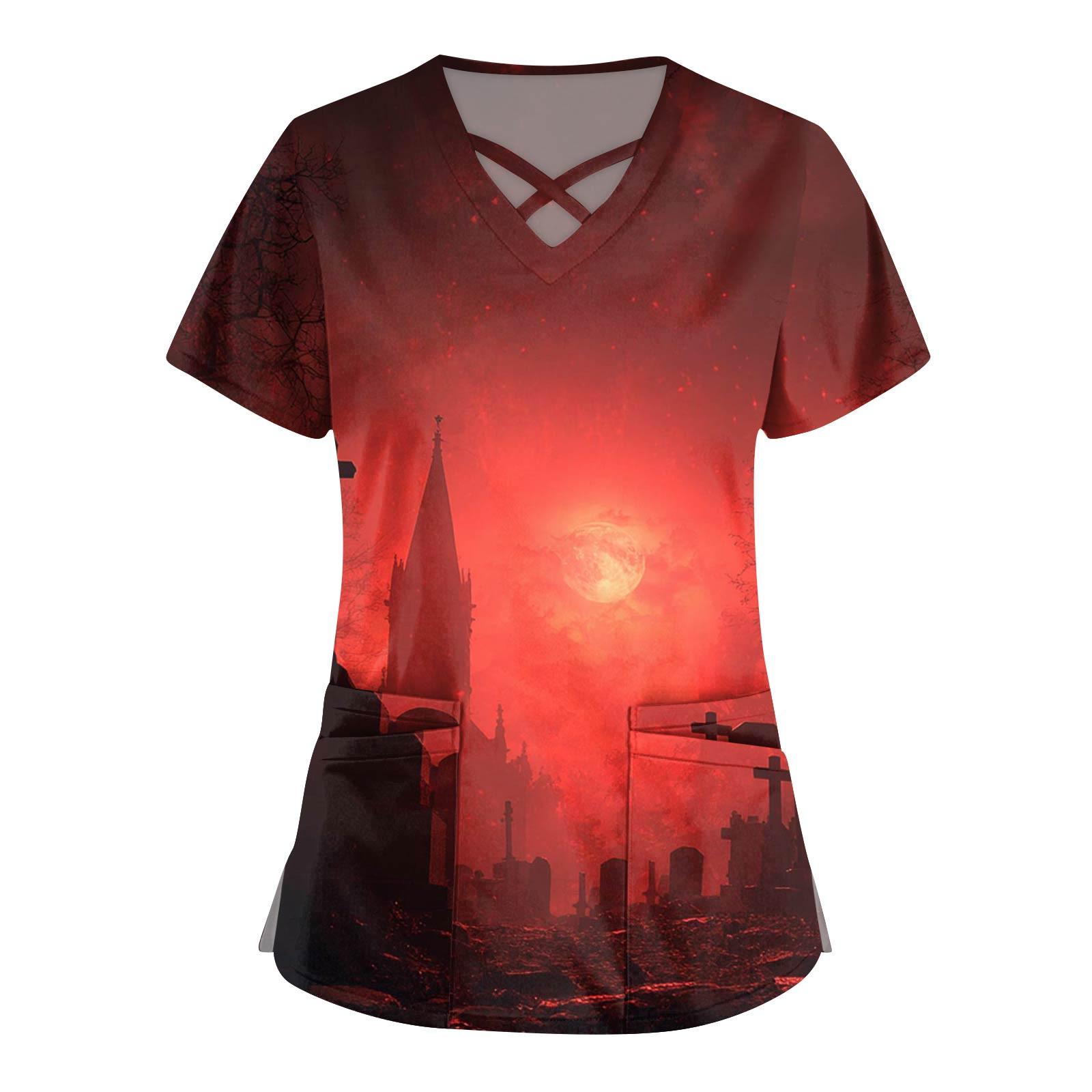 

Women s Fashion V-Neck Short Sleeve Overalls Double Pocket Halloween Printed Tops Apparel XXXXXL червоний