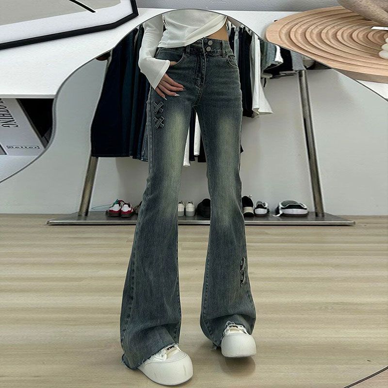 High-waisted Micro Flare Jeans Female Spring and Autumn Slim and Thin Retro Horseshoe Pants Flared Pants Retro Street Style Baggy Jeans for Ladies