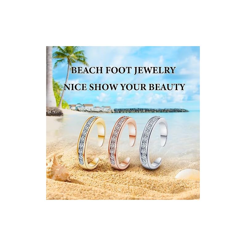 [LucBuy] 3-Piece Women's Toe Ring Set, Adjustable Cubic Zirconia Toe Ring Set, Silver/Rose Gold/Gold Rings, Summer Beach Foot Jewelry, Hypoallergenic