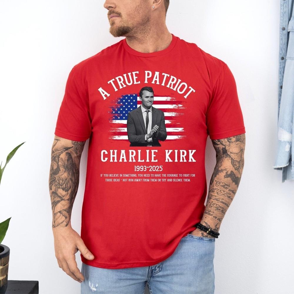 

Charlie Kirk Shirt, True Patriot 1993-2025 Rip Memorial American Flag T-Shirt XL
