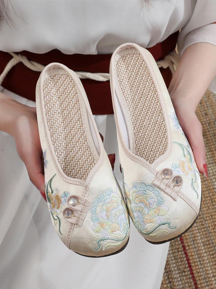 Fashion Shoes Ladies' Slippers Cover Toe Shallow Flat Rubber Floral Fabric Slides Embroider Retro Round Shoes Woman 2025 Shallow Cover T