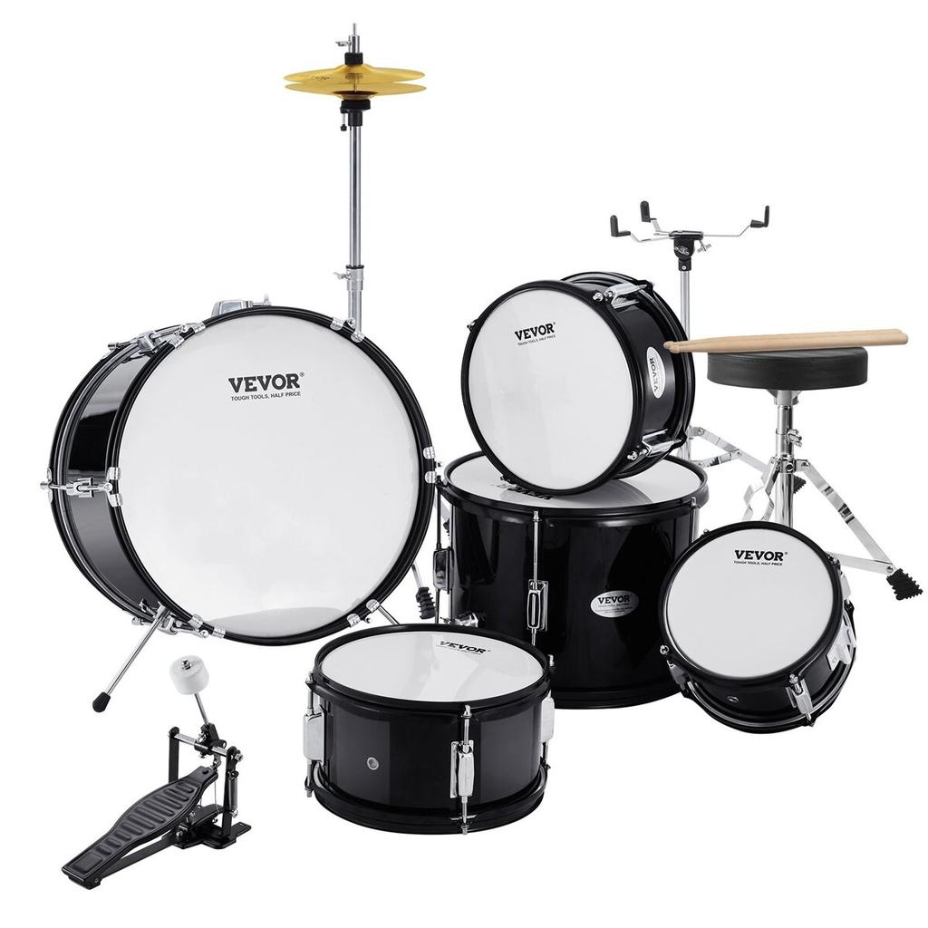 Kids Drum Set 5-Piece 16 in Beginner Children Drum Set with Throne Black