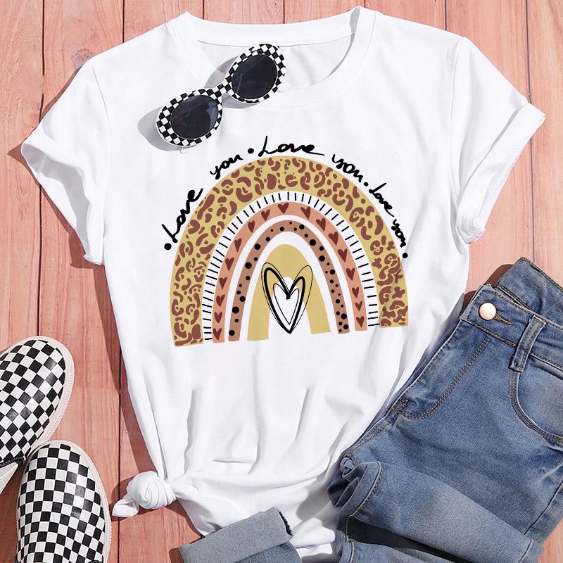 Sportswear Feminine Short Sleeve White Tshirt Clothes Heart Graphic Print T-Shirt Leisure Summer O-Neck Oversized Top Popular T