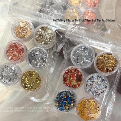 6-Color Gold & Silver Foil Nail Art Decoration Set - Glitter Laser Tin Flakes Stickers
