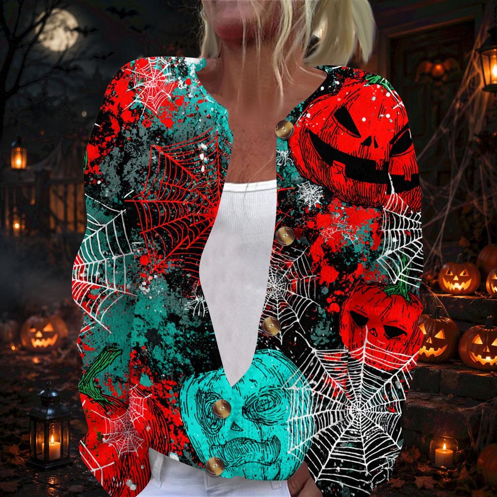 Damenmode Halloween-Print Strickjacke mit langen Ärmeln und Knopfleiste - Lässiger Mantel für den Alltag und Feiertagspartys
