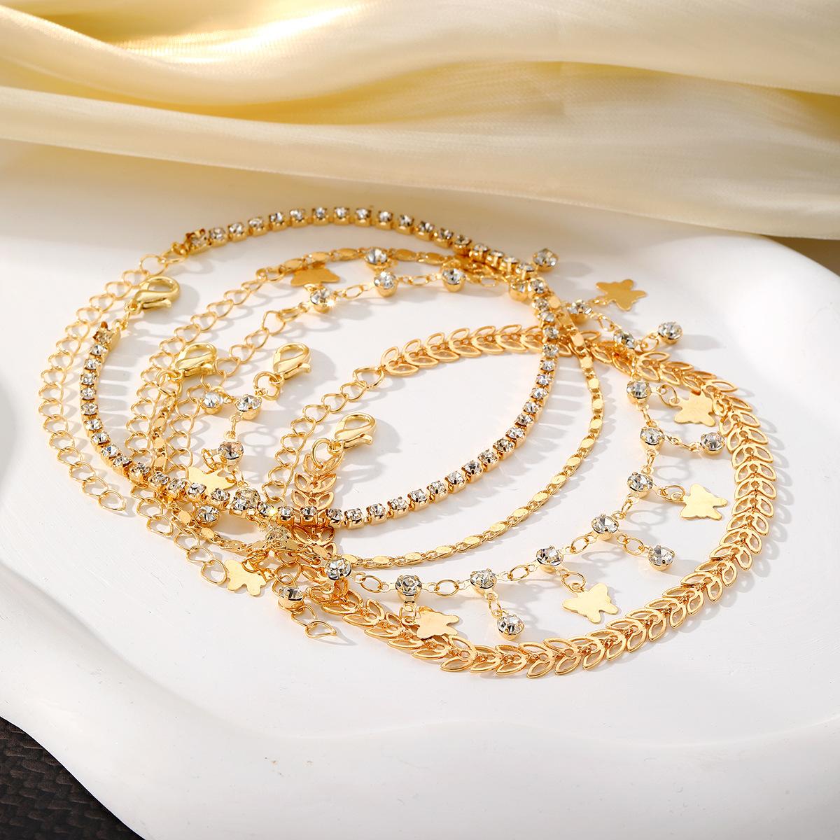 

Богемний пляжний браслет на щиколотку 5-в-1 з кристалами, китицями та метеликом для жінок one size