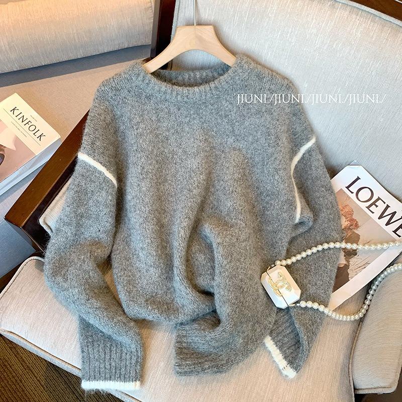 Design gray crew neck sweater women's soft waxy autumn new niche retro casual loose temperament top