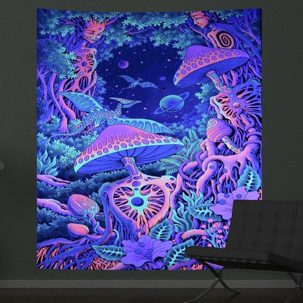 Psychedelic Mushroom Fluorescent Tapestry Luminous Hanging Cloth Decoration  Interior  Under Ultraviolet Light