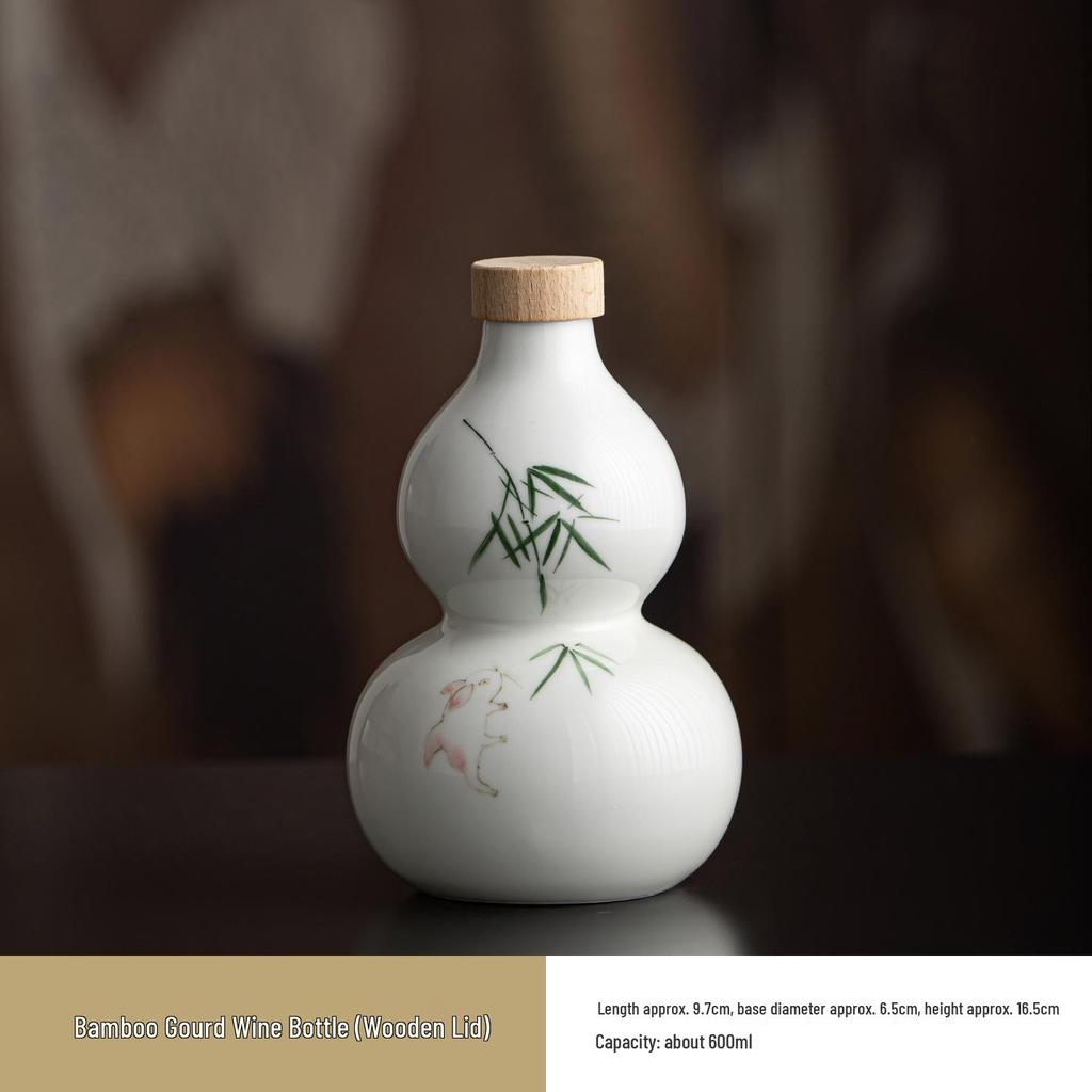 Ancient Style Chinese Ceramic Gourd Wine Bottle with Portable Mesh Bag for Cold Brew