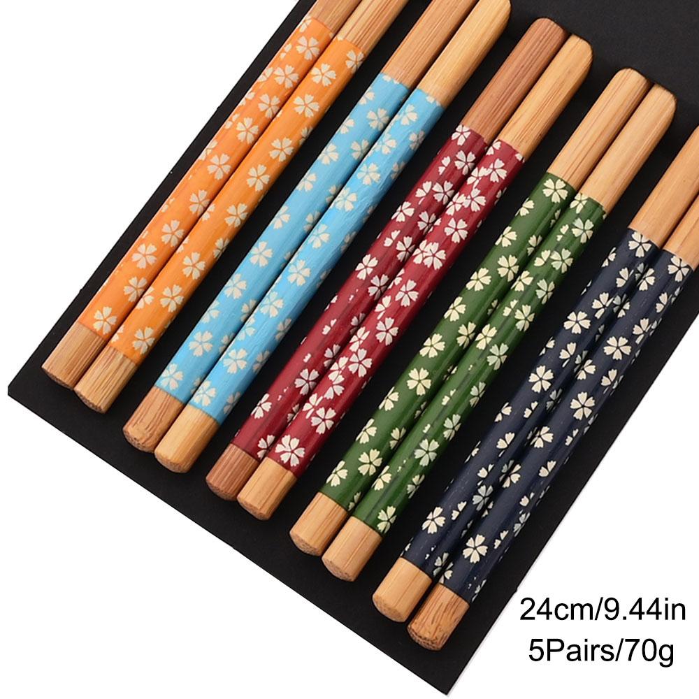 5 Paar Essstäbchen aus Bambus, lange Essstäbchen für den Haushalt, rutschfestes Essstäbchen-Set, mehrfarbiges Essstäbchen-Set aus Holz