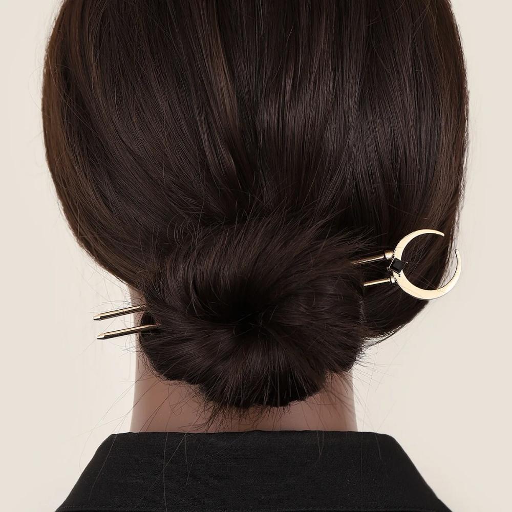 Trendy U Shape Metal Moon Hair Sticks for Women Vintage Elegant Chinese Black Crystal Hairpins DIY Hairstyle Hair Accessories