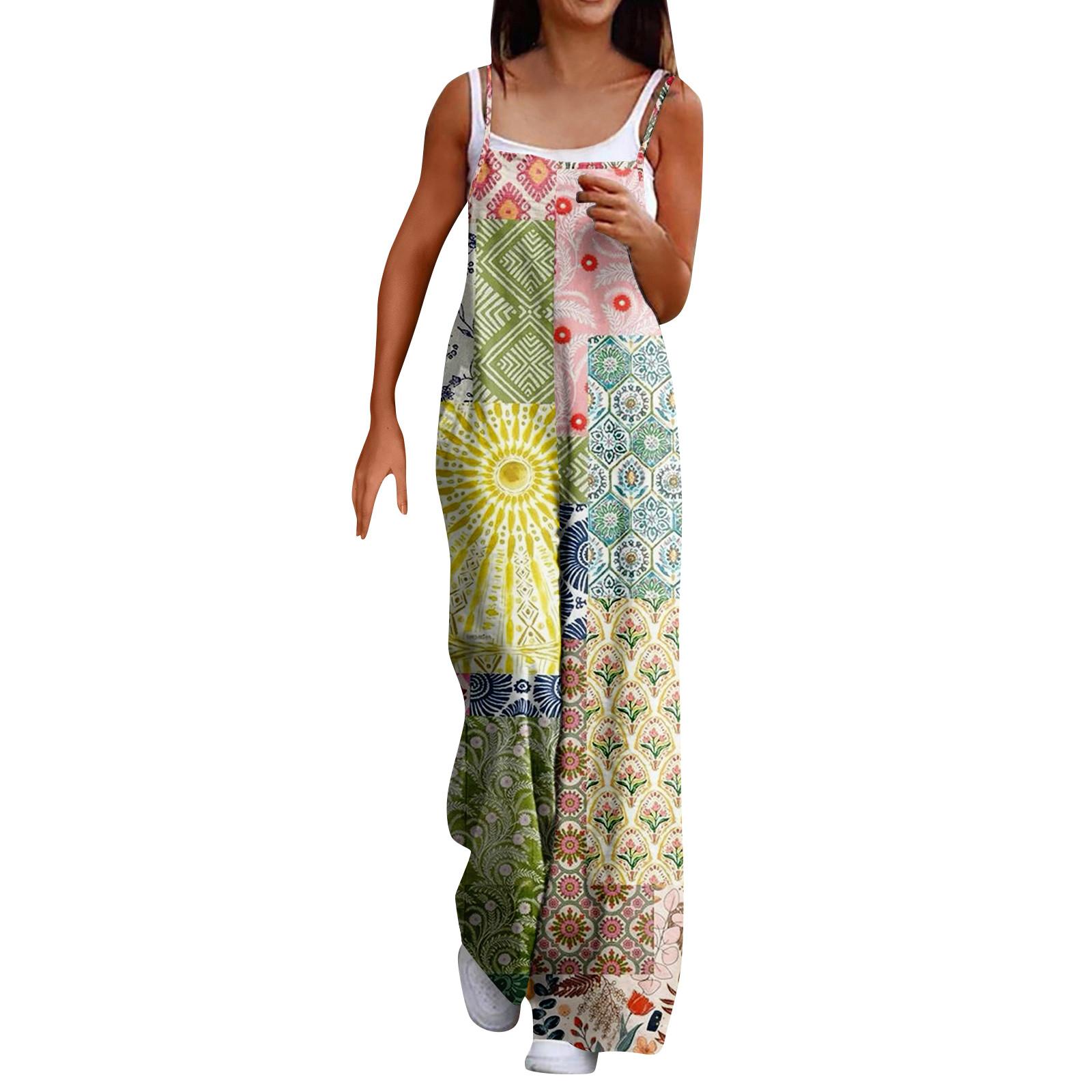 

Широкі комбінезони для жінок. Повсякденний вільний комбінезон без рукавів із принтом і ґудзиками. Довгі брючні комбінезони з кишенями XL зелений