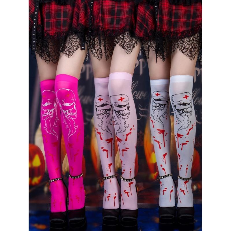 Women Thigh High Socks Over the Knee High Stockings Japanese Skeleton Skull Print Long Socks Thin Halloween Stockings