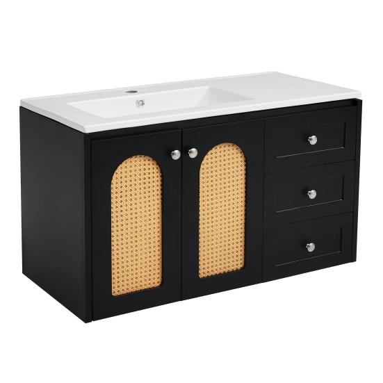 Bathroom Sink Cabinet with 3 Drawers Modern Black Rattan Element Heavy Duty Lavatory Wall Mount Ceramic Wash Basin Vanity Cabinet