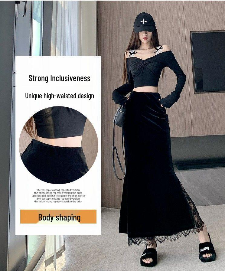 Women's Black Velvet High-Waist Fishtail Skirt - Thickened, Autumn/Winter, Medium Length with Slit Hip Wrap Design