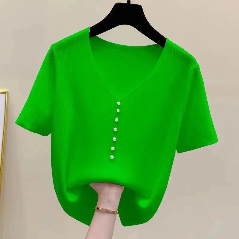 Γυναικείο πλεκτό τοπ με V λαιμόκοψη, κοντομάνικο, με κουμπιά πέρλα, casual, χαλαρή εφαρμογή, μπλούζα