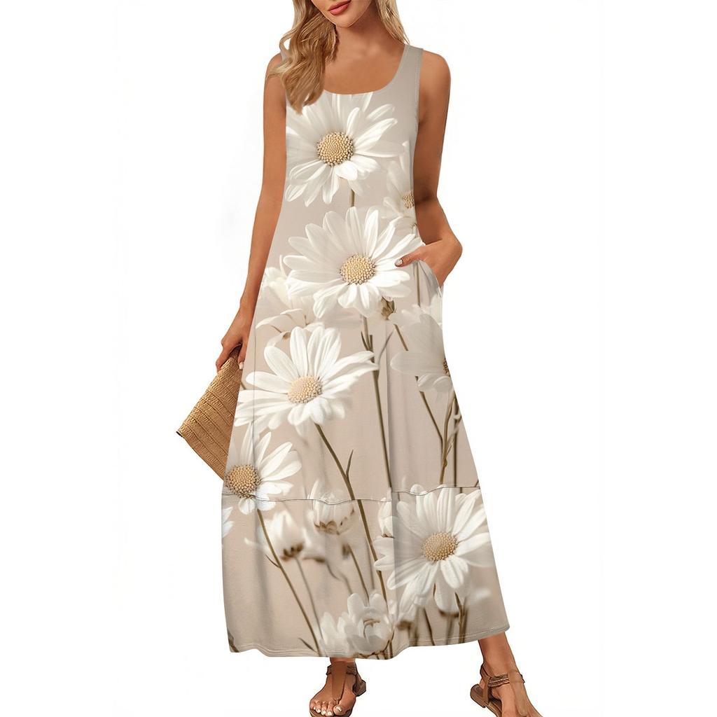 Women's Casual Floor-length Sundress Summer Beach Dress Round Neck Sleeveless Loose  Print Sundress