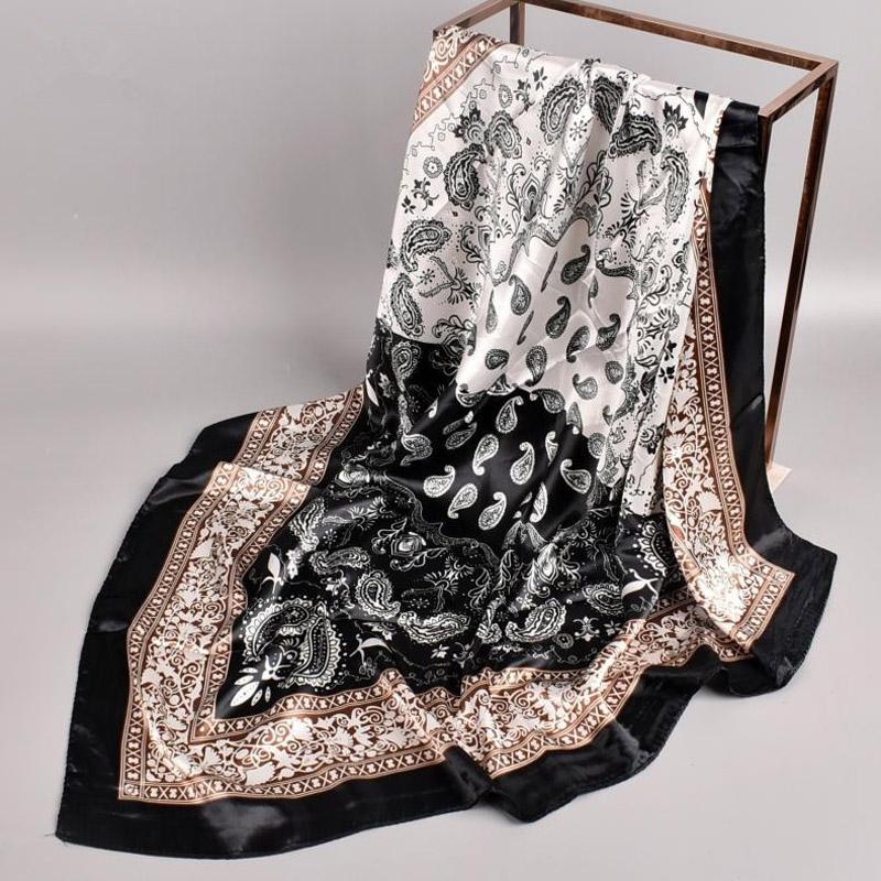

New Luxury Brand Square Scarf Design Shawl Wrap 90cm Print Twill Silk Women Hijab Female Foulard Headband Bandana 90X90cm чорний