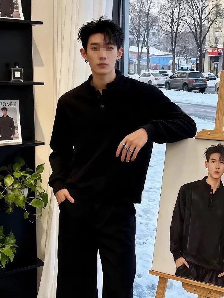 Men's American Style Henley Collar Hoodie: Plain Color, Autumn/Winter Casual Pullover, Long Sleeve Versatile Base Layer.