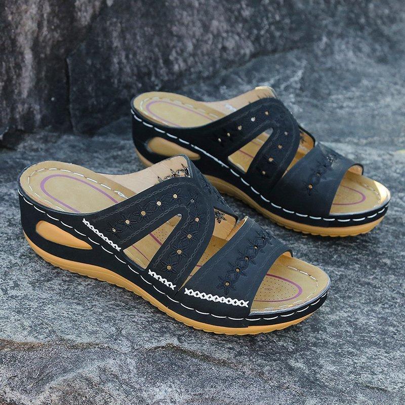 Flip-flops with Wedge Heels Fish-mouth Thick-soled Large-sized Shoes and Embroidered Flip-flops
