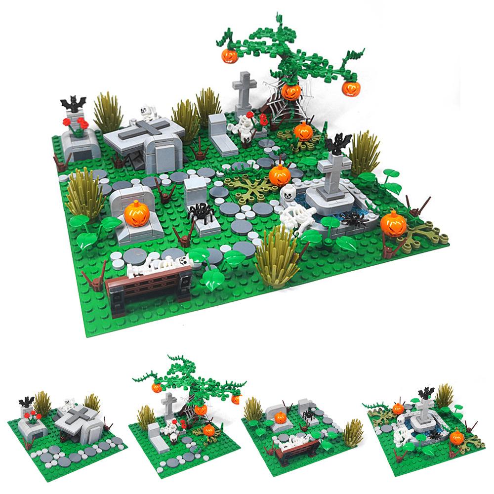 Moc Small Particle Diy Assembly Ghost Cemetery Scene Ornaments Toy Building Blocks Horror Theme Room Decorations