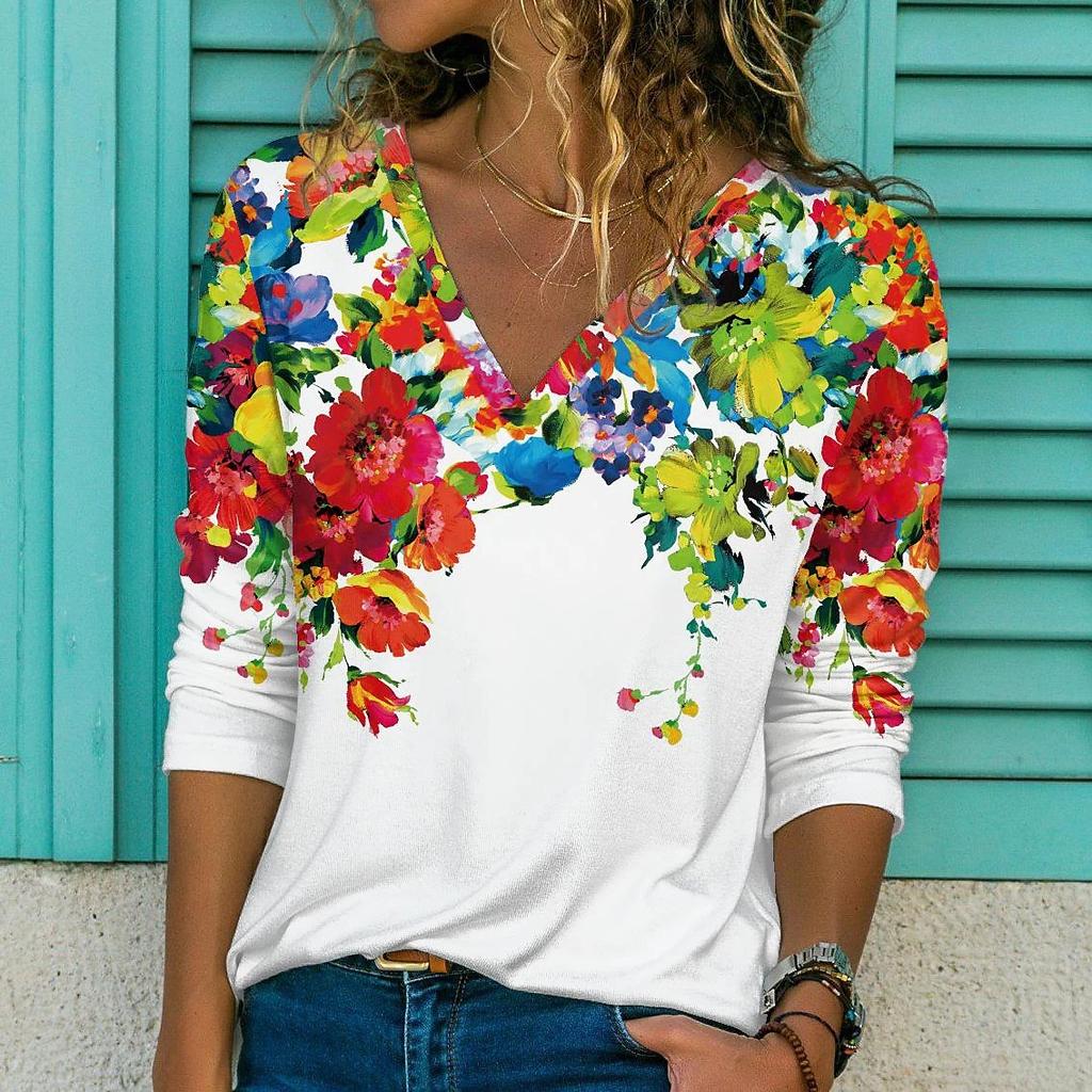 2022 Neu Herbst Winter Damen T-Shirt mit Blumendruck Sexy V-Ausschnitt Tops Abstrakter Druck Langarm Alltag Straße Katze Pullover