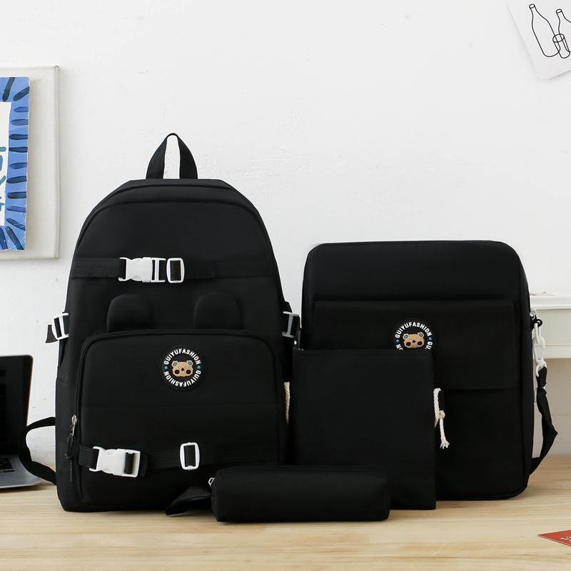Elementary Solid Color School Bag Girls Large Capacity Canvas Backpack Set College Style Backpack