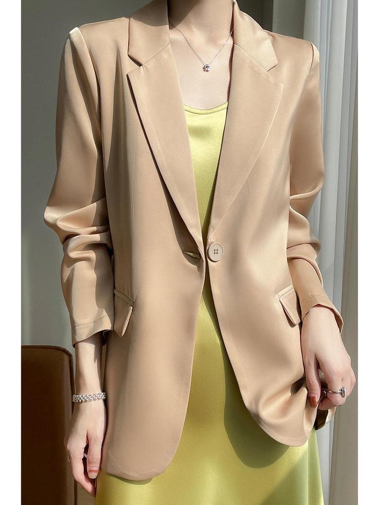 White Silk Satin Women's Suit Jacket - High-End Korean Style for Spring/Autumn 2025