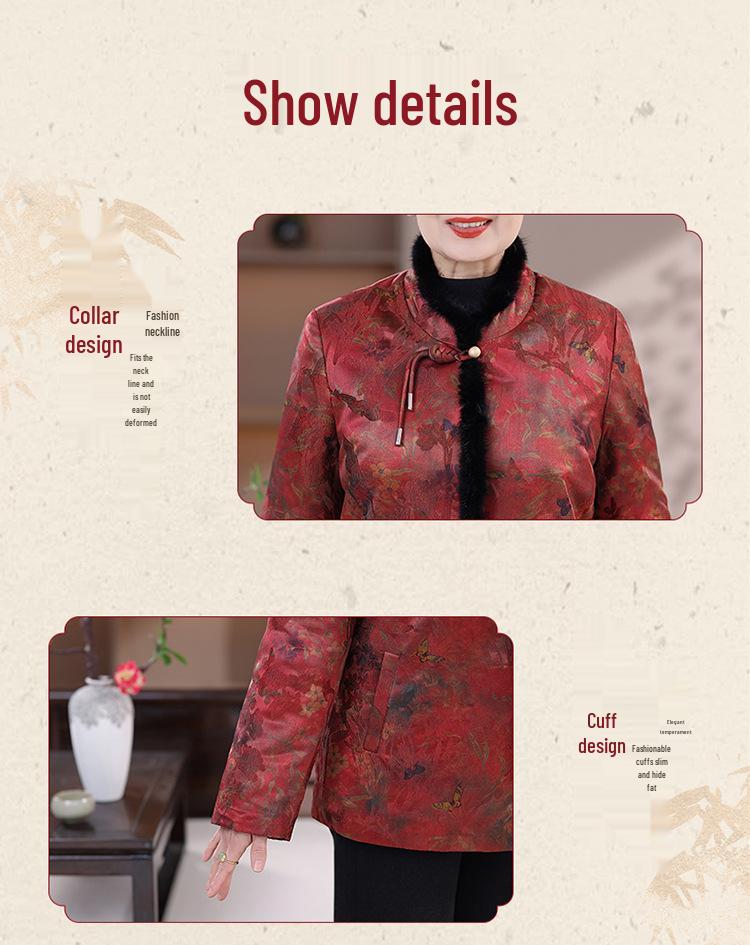 Elegant Floral Winter Coat for Elderly Women - Fur-Lined, Thickened, Stylish Grandmother's Clothing