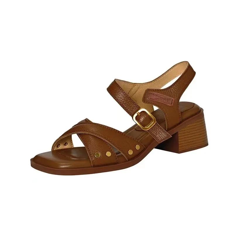 Fashion Cross-strap Mid-heeled Sandals Women's Summer 2025 Fashion Buckle-strap Open-toed High-heeled Women's Thick-heeled Sandals