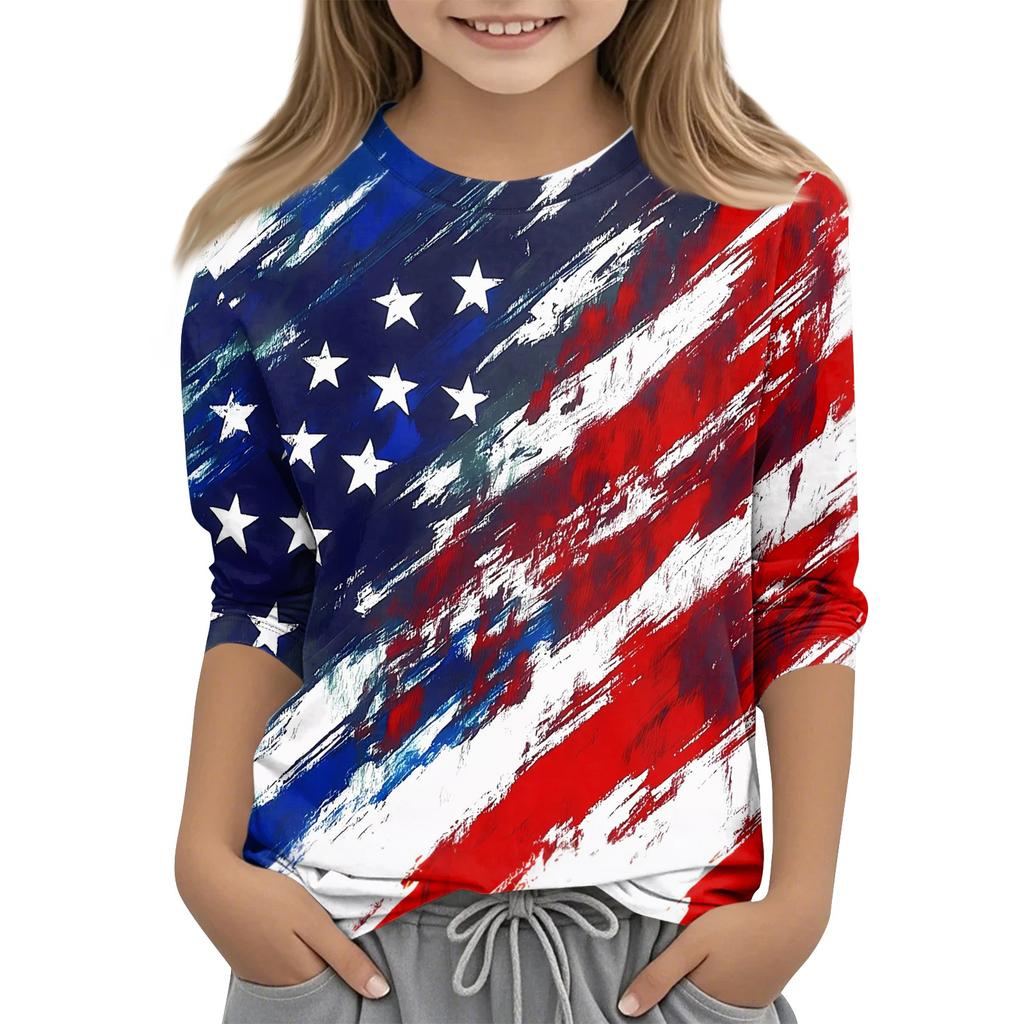 Children's 3/4 Sleeve Tops Casual Print T Shirt Round Neck Pullover Blouse