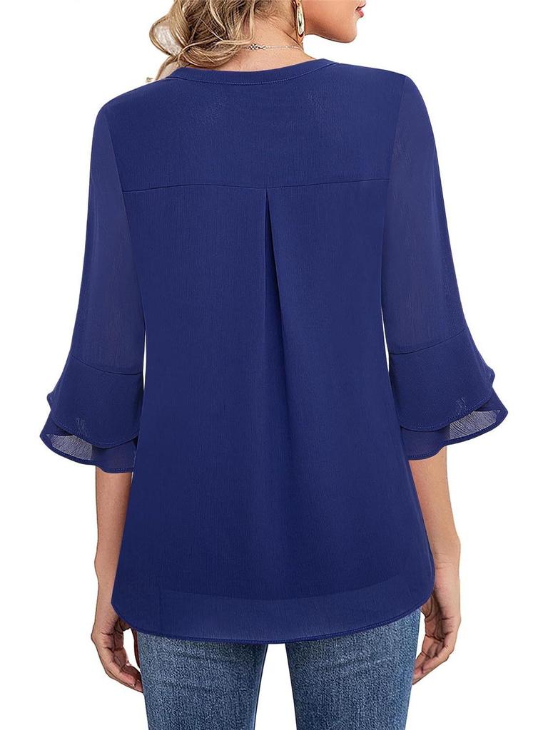 Women's V-Neck Double-Layer Chiffon Top with Flare & Tie-Waist Detailing