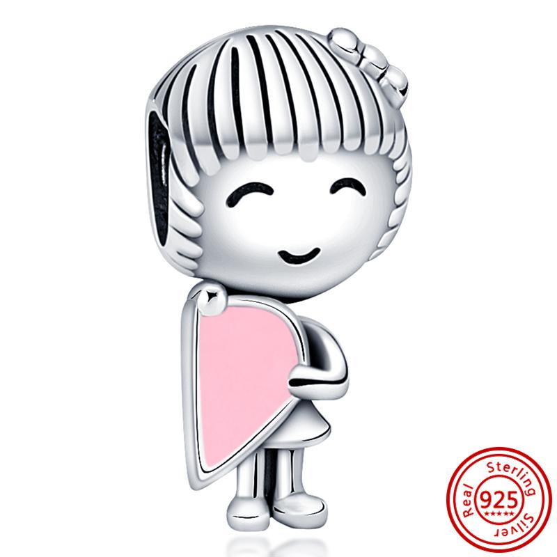 Fit Original Pendant Charm Bracelet Fine Zircon 925 Sterling Copper Sweet Lovely Happy Boy Girl Love Pink Heart Robot DIY Beads