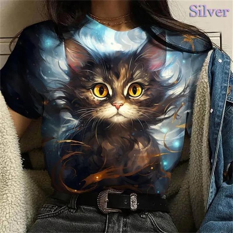 Fashionable women s 3D printed T-shirt with fun animal cat print T-shirt, short sleeved women s clothing, cute top for women S