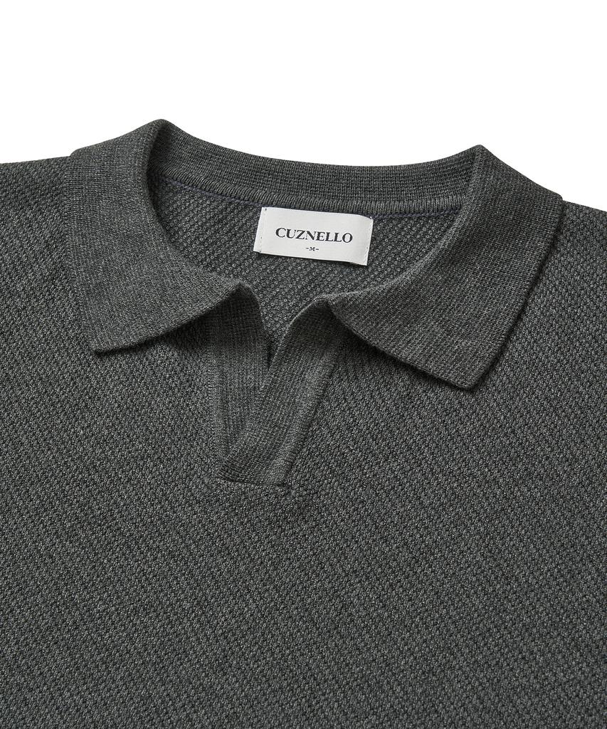 CUZNELLO Cool Cotton Open Collar Short Sleeve Knit_Charcoal