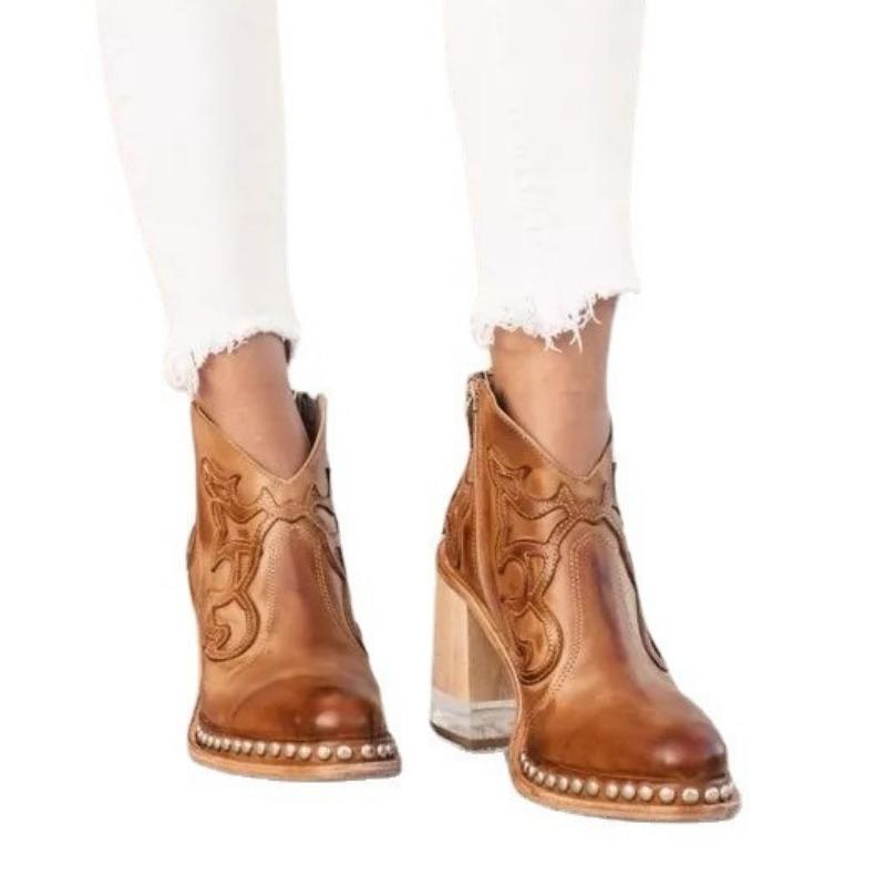 Modische Stiefel mit Stickerei, Große Größe, Damen-Knöchelhohe Stiefel mit Nietenrand und Acryl-Kristall-Akzenten