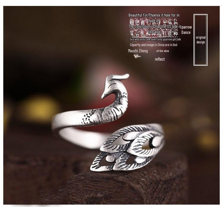 S925 Sterling Silver Peacock Retro Open Ring