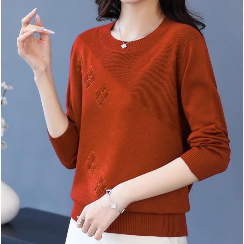 Women's Thin Crew Neck Knit Sweater Spring and Autumn Loose Solid Color Knit Pullover Top