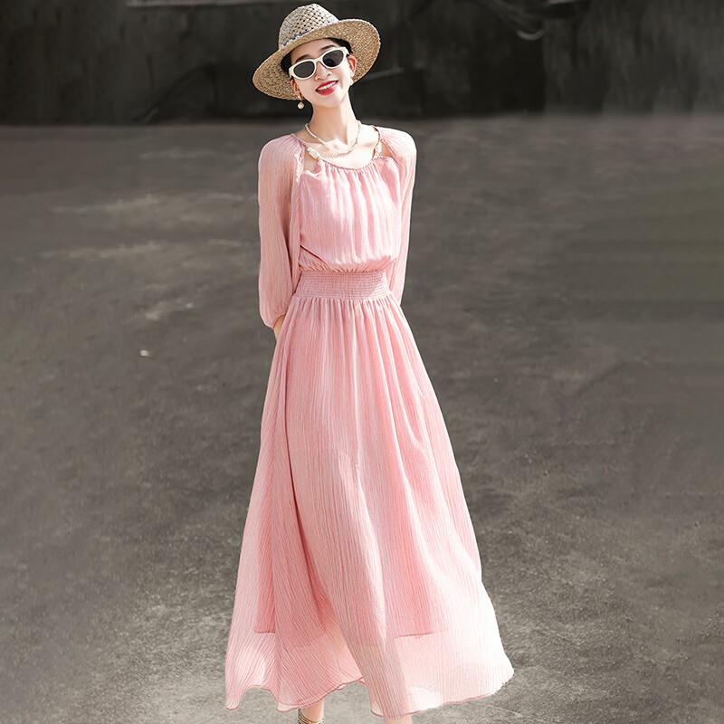 Lanseer Elegant Off-Shoulder Pink Midi Dress M