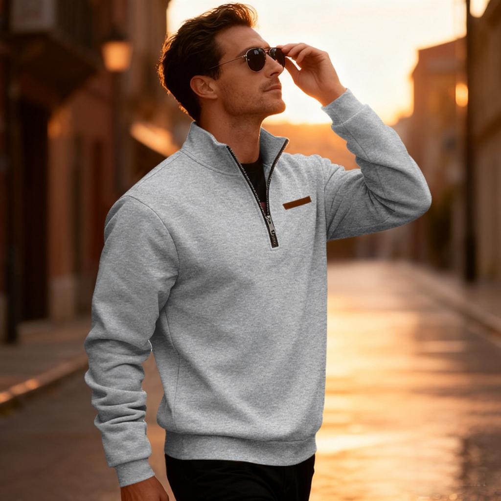 Men's Casual Loose Solid Color Outdoor Fleece Half Zip Stand Up Collar Pullover Hoodie