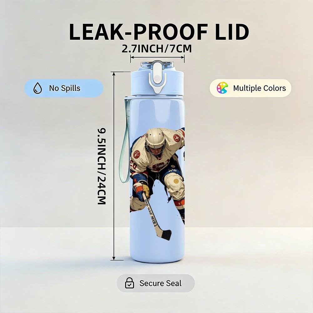 1PC Ice Hockey Athlete Cartoon Print 750ml Color Plastic Sports Water Bottle Leakproof Flip Straw Lid Suitable for Sports Office Home Use